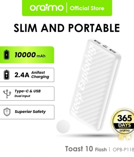 Oraimo Powerbank Toast 10 Real Capacity 10000 mAH Slim Dual Output USB Fast Charging OPB-P118D